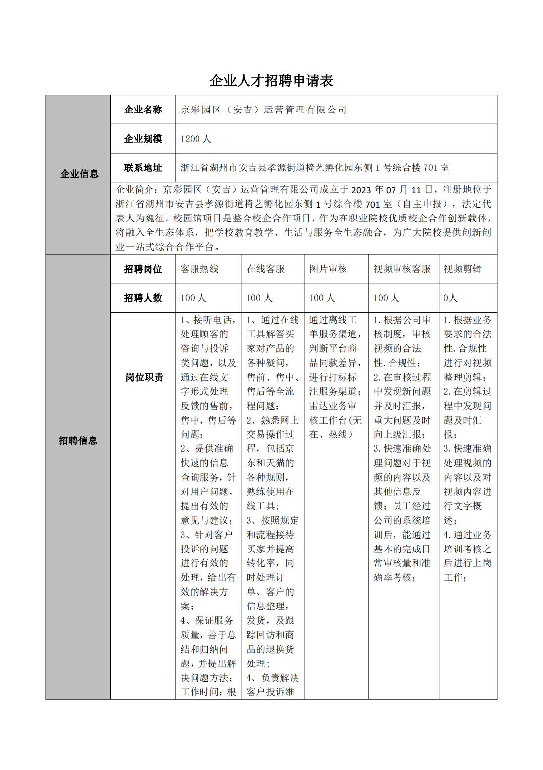 【就业信息】京彩园区（安吉）运营管理有限公司招聘简章