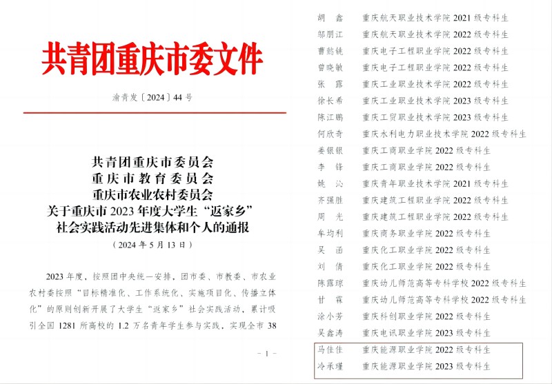 【获奖喜讯】我校两位学子获评重庆市2023年度大学生“返家乡”社会实践活动优秀个人